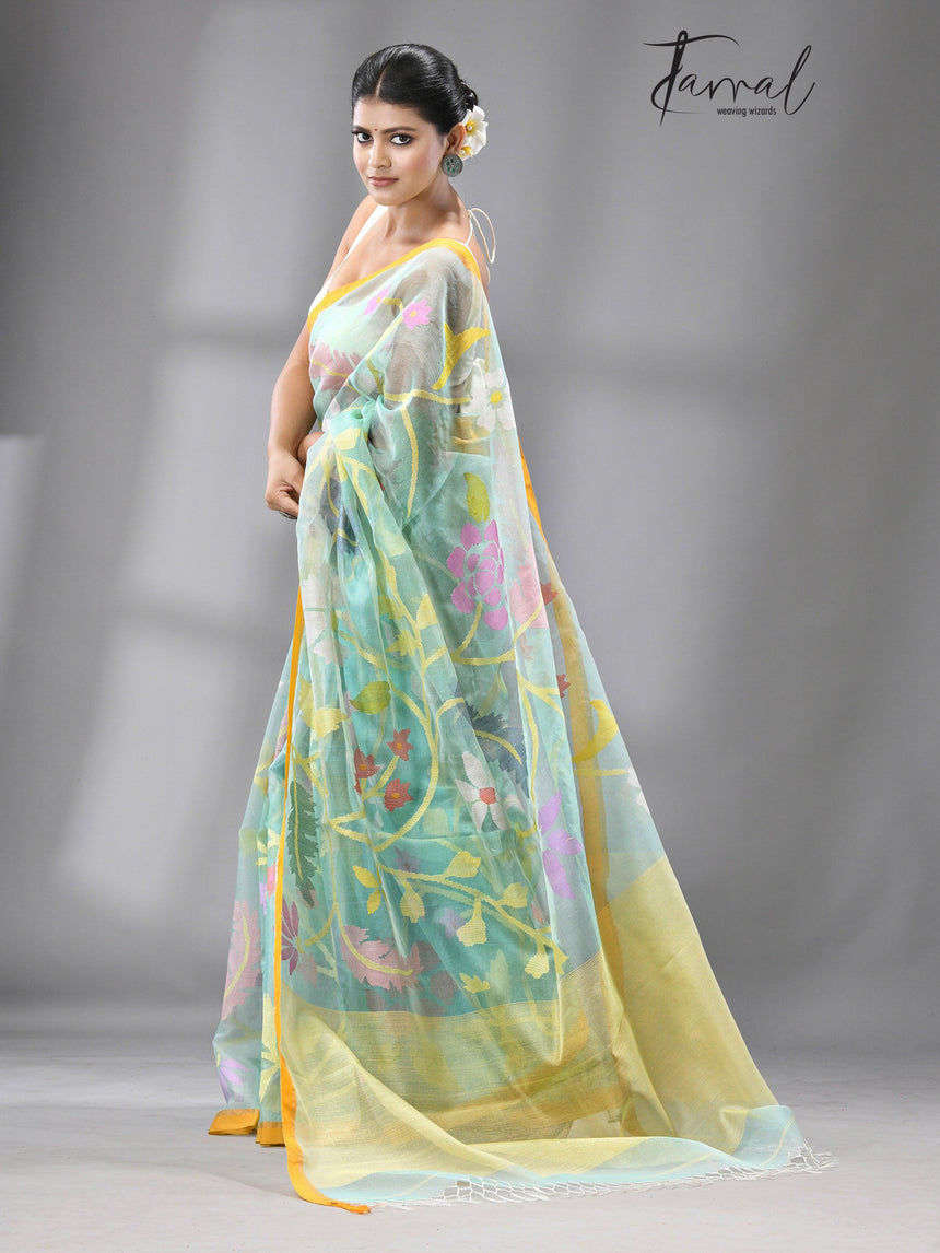 Firoza With Yellow border Multi Colour Allover Floral Muslin Silk Handwoven Jamdani Saree - Tamal Boutique