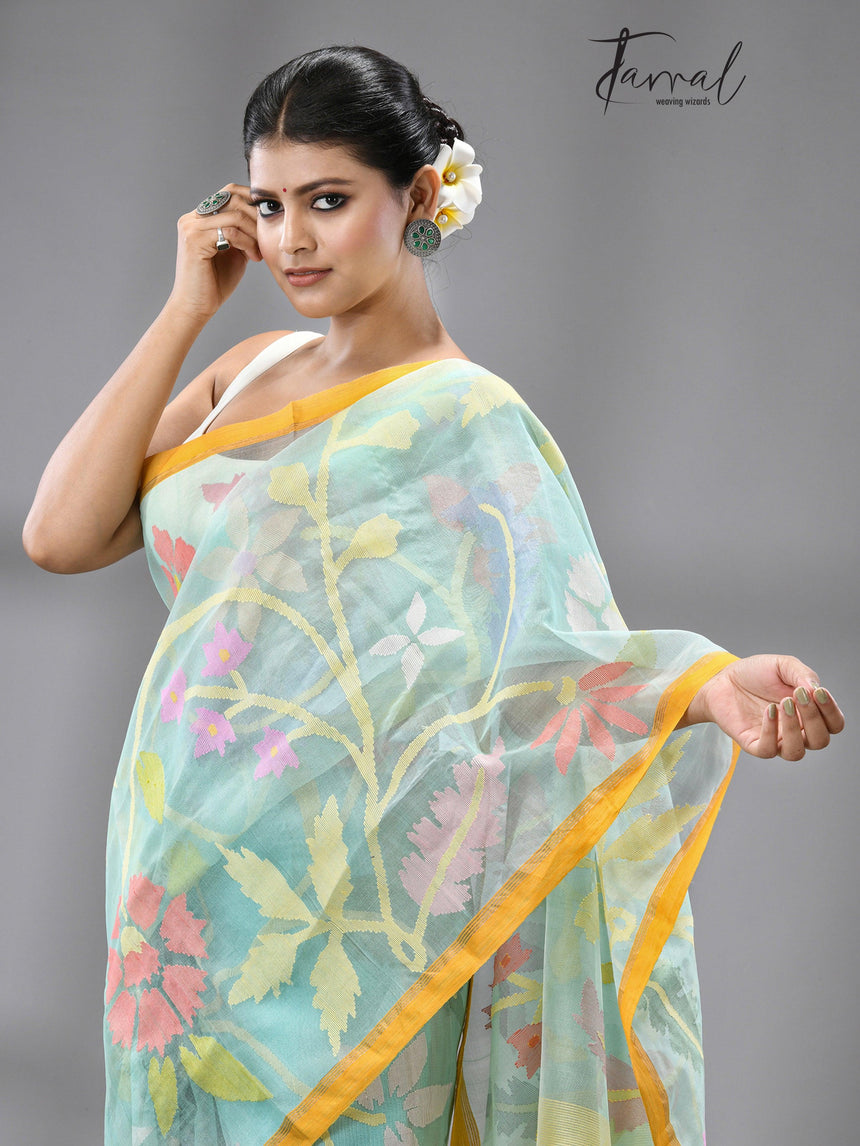 Firoza With Yellow border Multi Colour Allover Floral Muslin Silk Handwoven Jamdani Saree - Tamal Boutique