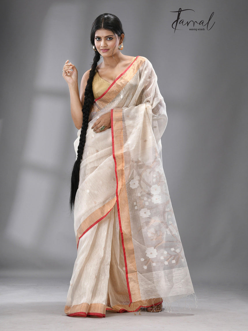 Offwhite with red & zari border silk linen handwoven jamdani saree - Tamal Boutique