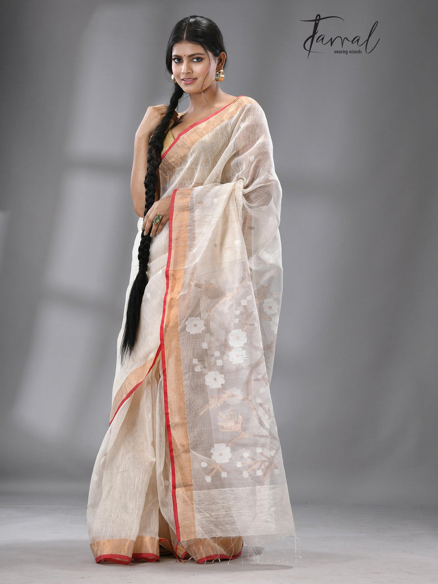 Offwhite with red & zari border silk linen handwoven jamdani saree - Tamal Boutique