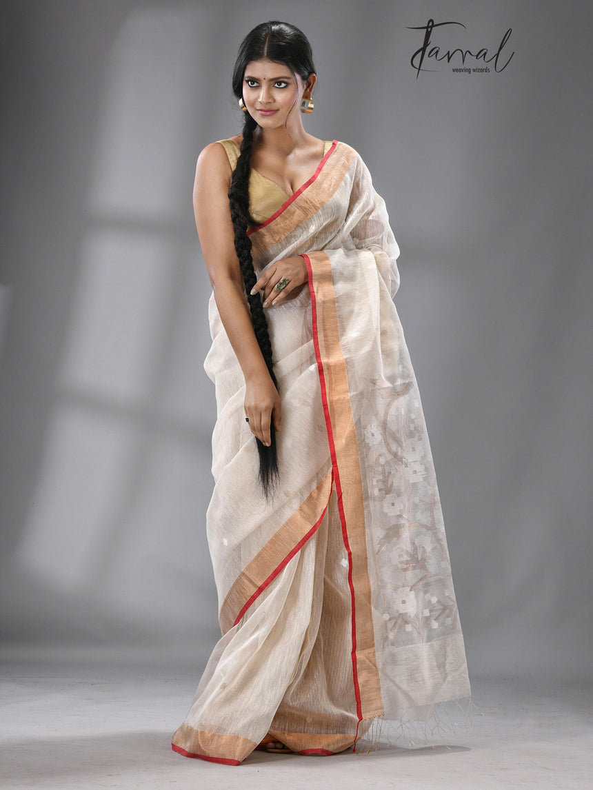 Offwhite with red & zari border silk linen handwoven jamdani saree - Tamal Boutique