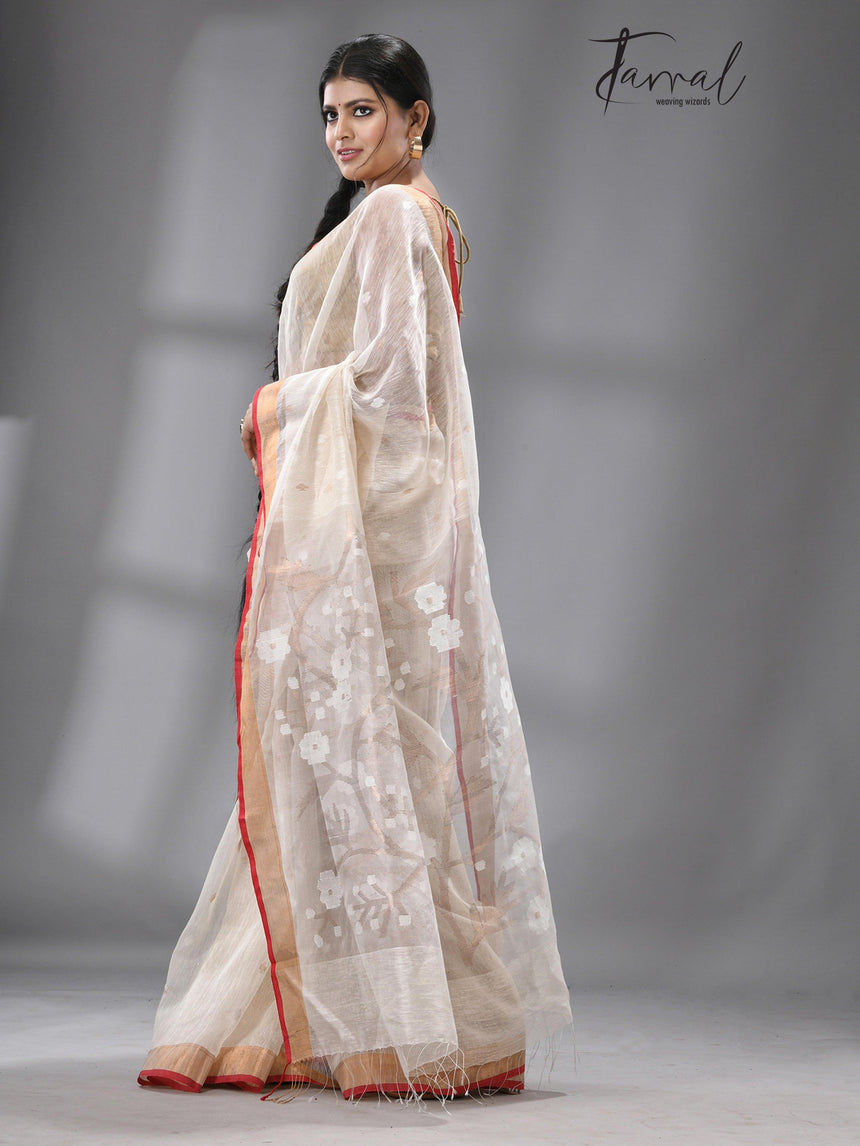 Offwhite with red & zari border silk linen handwoven jamdani saree - Tamal Boutique