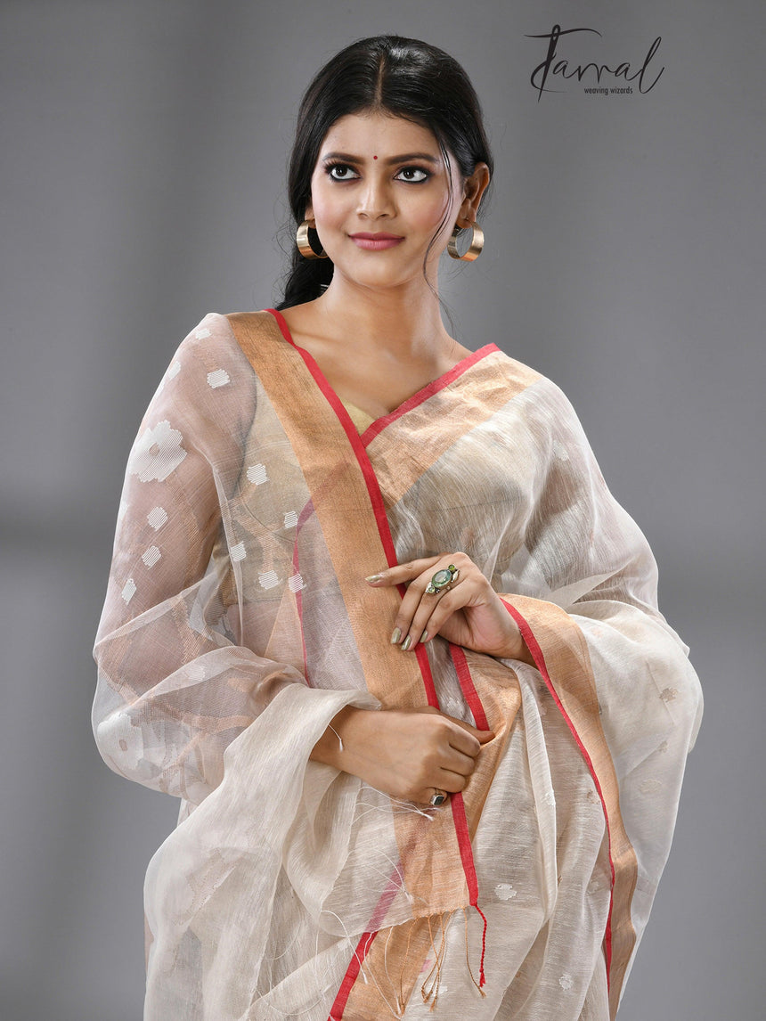 Offwhite with red & zari border silk linen handwoven jamdani saree - Tamal Boutique