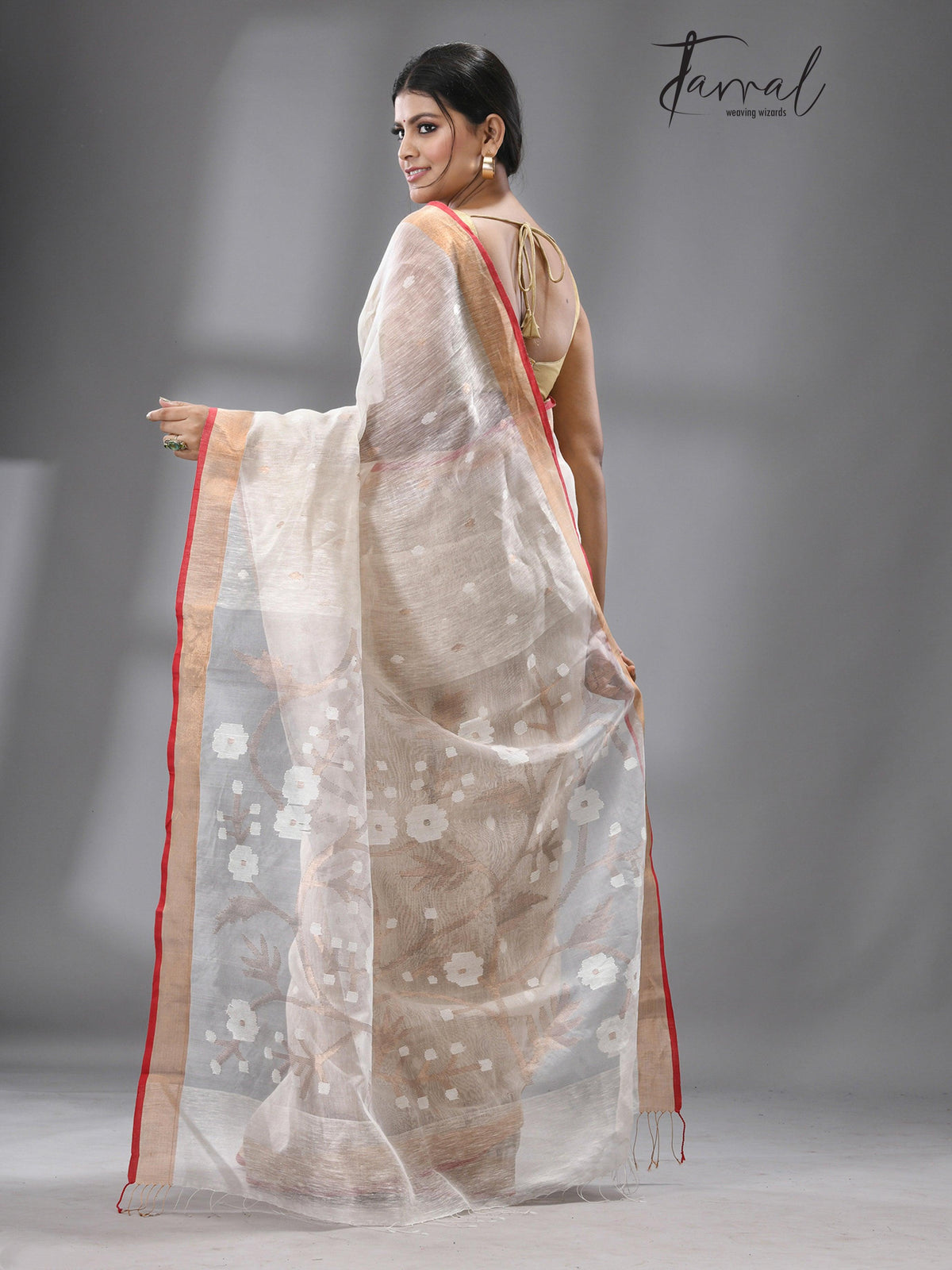 Offwhite with red & zari border silk linen handwoven jamdani saree - Tamal Boutique