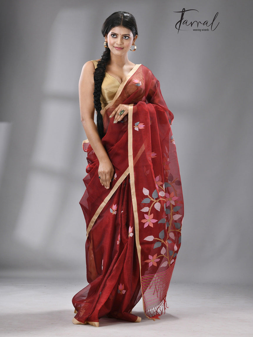 Wine with Tusser border multi colour floral buta muslin silk handwoven jamdani saree - Tamal Boutique