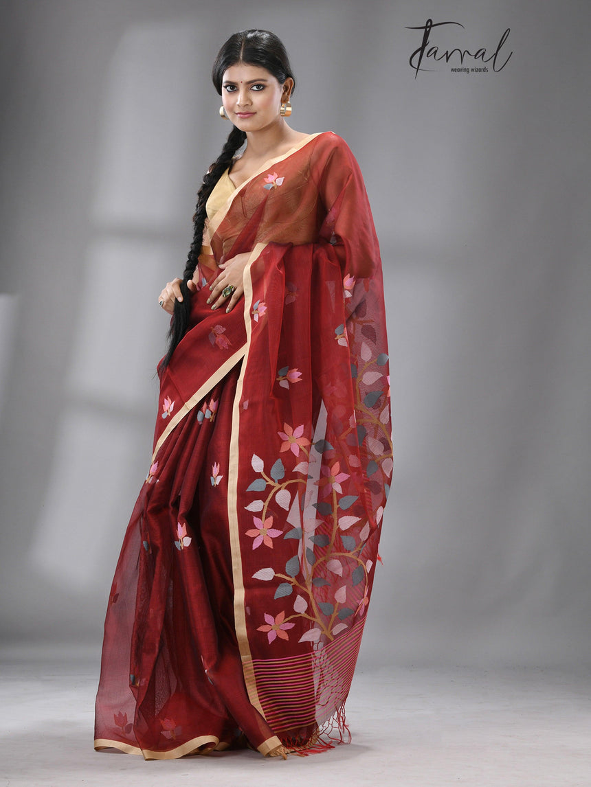 Wine with Tusser border multi colour floral buta muslin silk handwoven jamdani saree - Tamal Boutique