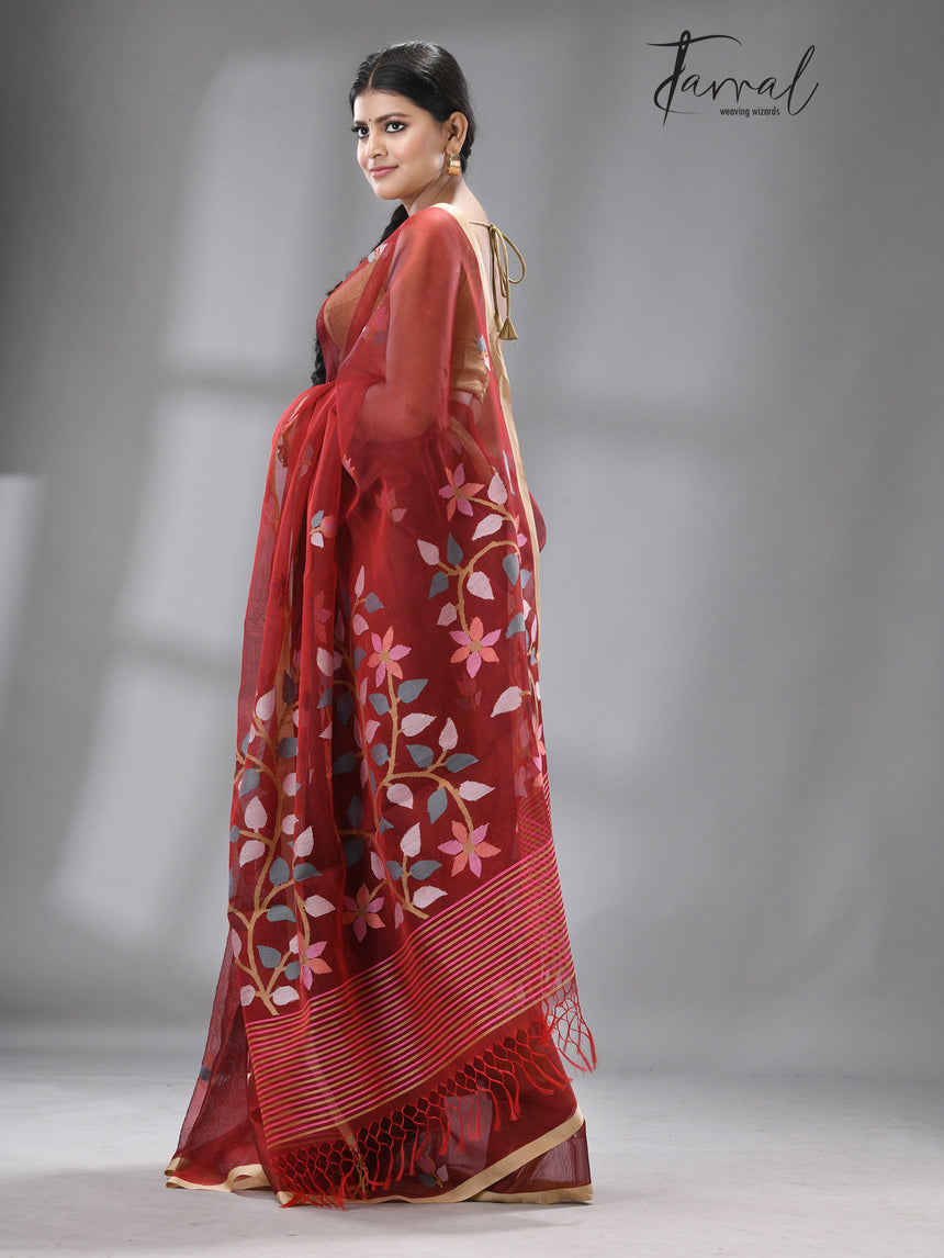 Wine with Tusser border multi colour floral buta muslin silk handwoven jamdani saree - Tamal Boutique