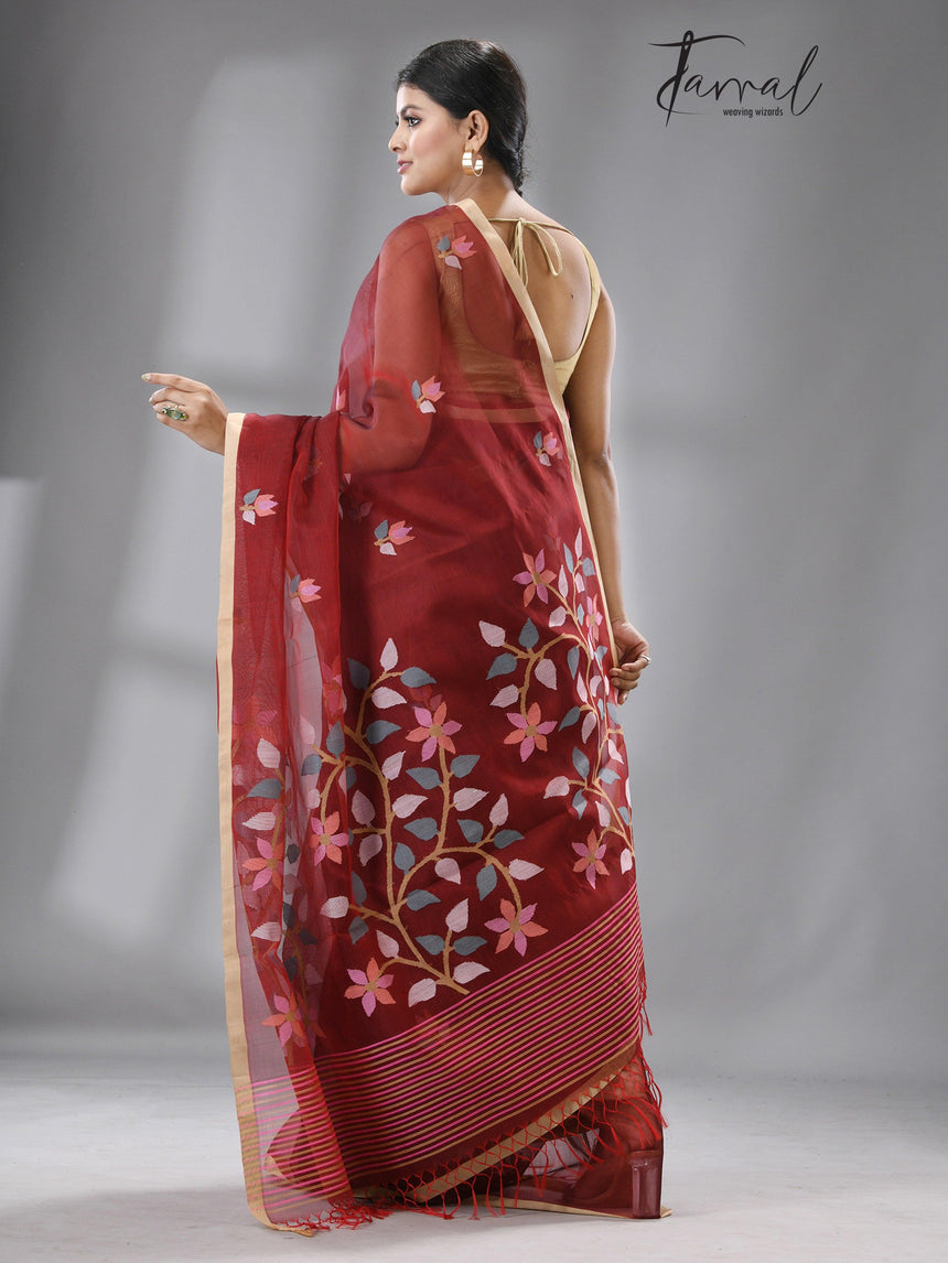 Wine with Tusser border multi colour floral buta muslin silk handwoven jamdani saree - Tamal Boutique