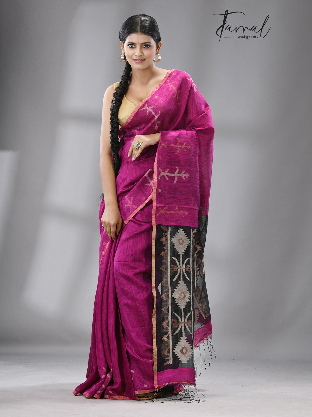 Rani with black colour traditional handwoven matka silk handwoven jamdani saree - Tamal Boutique