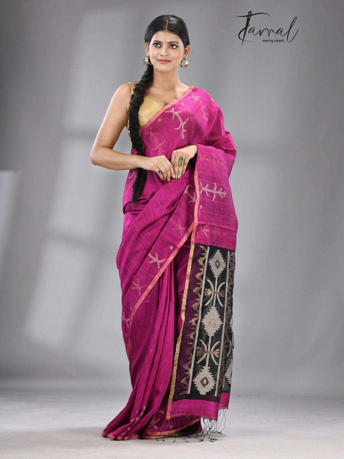 Rani with black colour traditional handwoven matka silk handwoven jamdani saree - Tamal Boutique