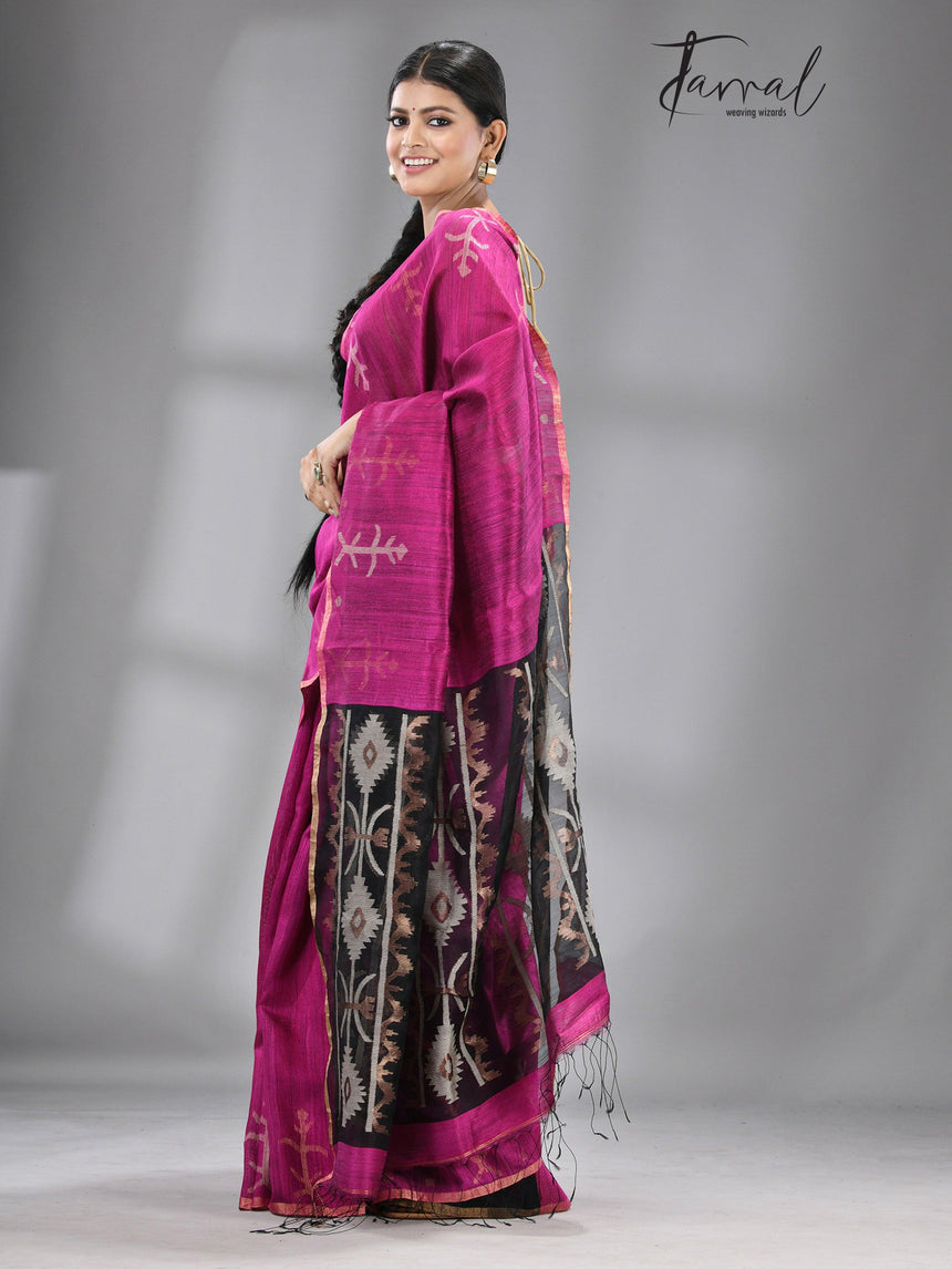 Rani with black colour traditional handwoven matka silk handwoven jamdani saree - Tamal Boutique