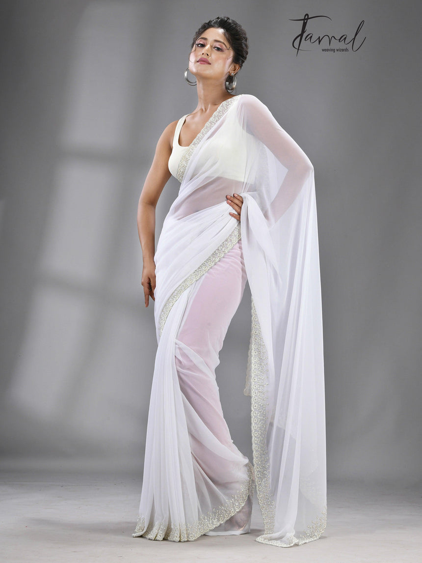 White stone chiffon zardosi work saree - Tamal Boutique