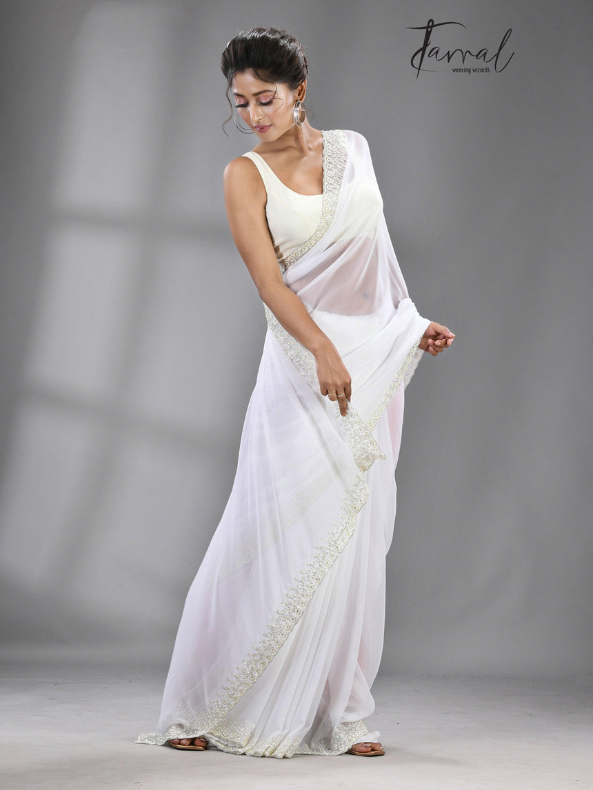 White stone chiffon zardosi work saree - Tamal Boutique