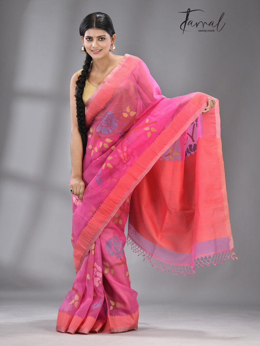 Dark rose pink allover rose motifs muslin silk handwoven jamdani saree - Tamal Boutique