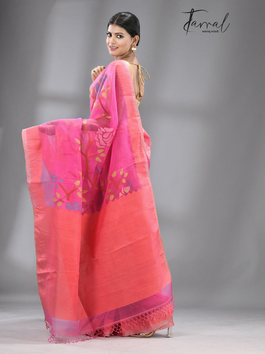 Dark rose pink allover rose motifs muslin silk handwoven jamdani saree - Tamal Boutique