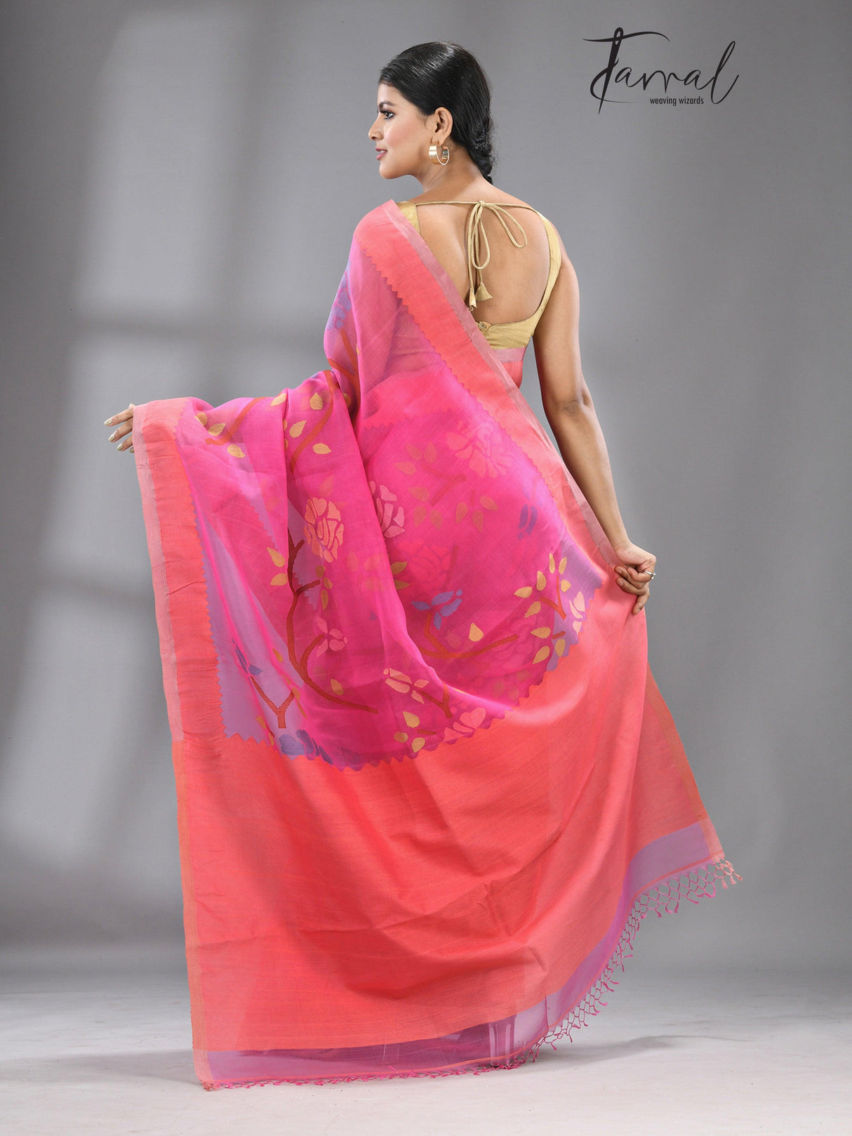 Dark rose pink allover rose motifs muslin silk handwoven jamdani saree - Tamal Boutique