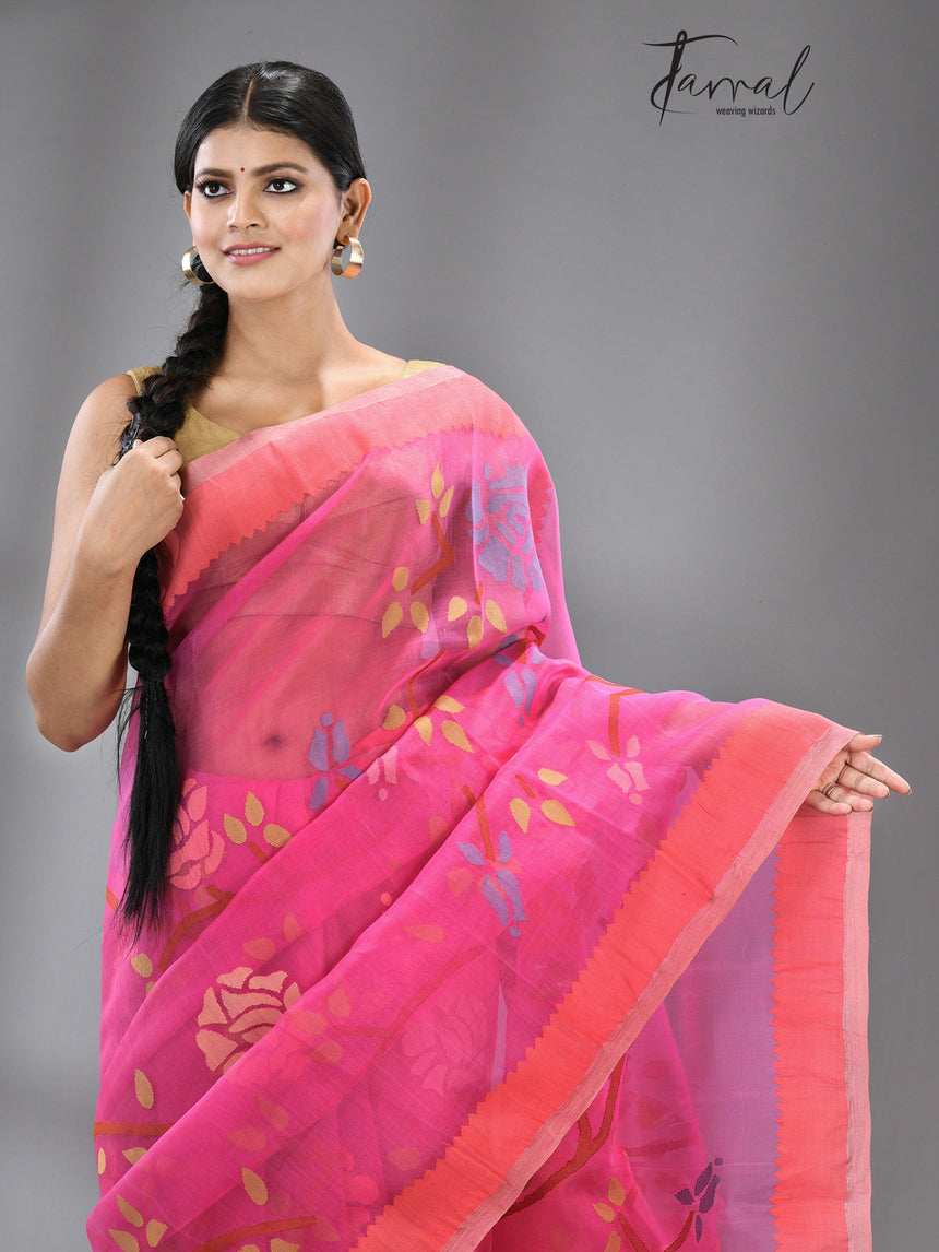 Dark rose pink allover rose motifs muslin silk handwoven jamdani saree - Tamal Boutique