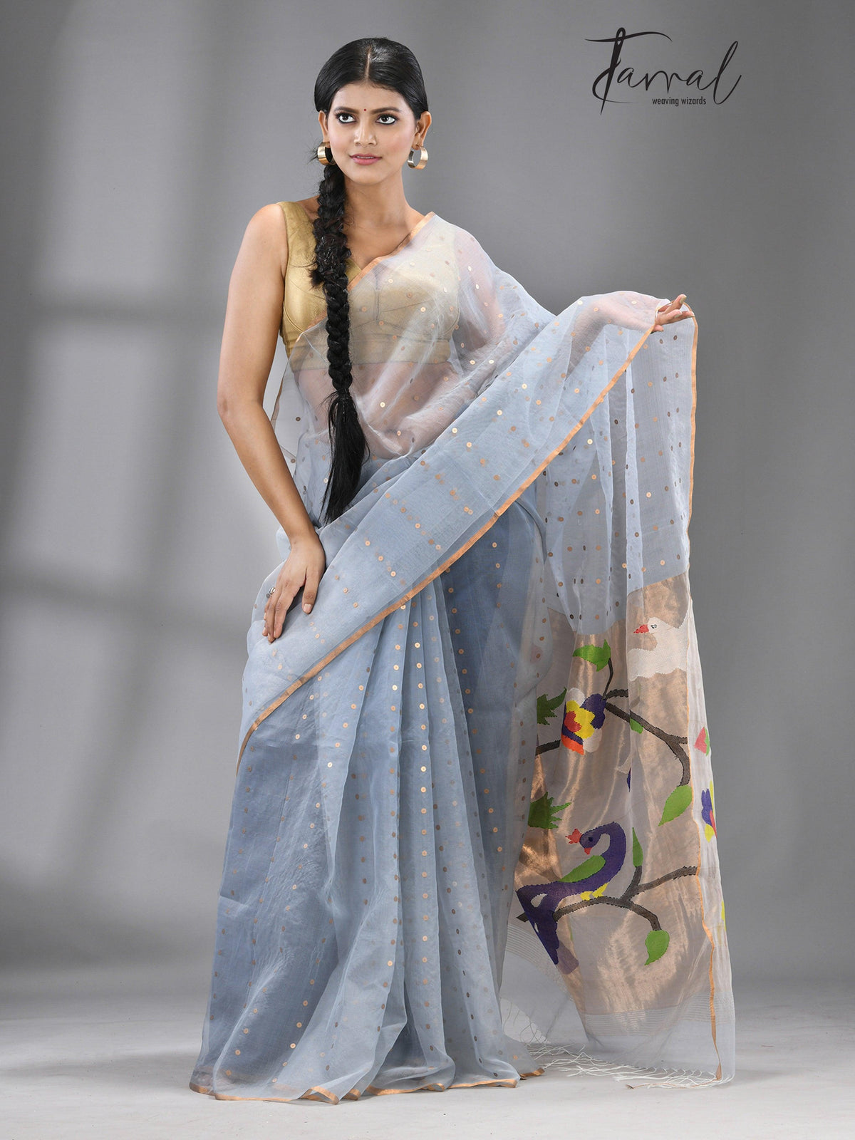 Dust sky blue Organza silk paithani sequins saree - Tamal Boutique
