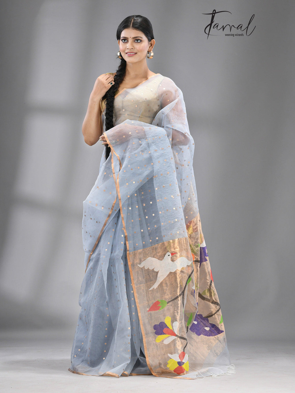 Dust sky blue Organza silk paithani sequins saree - Tamal Boutique