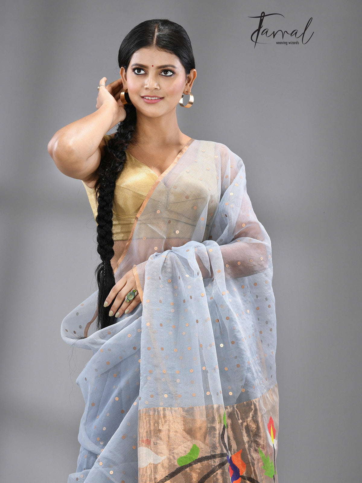 Dust sky blue Organza silk paithani sequins saree - Tamal Boutique