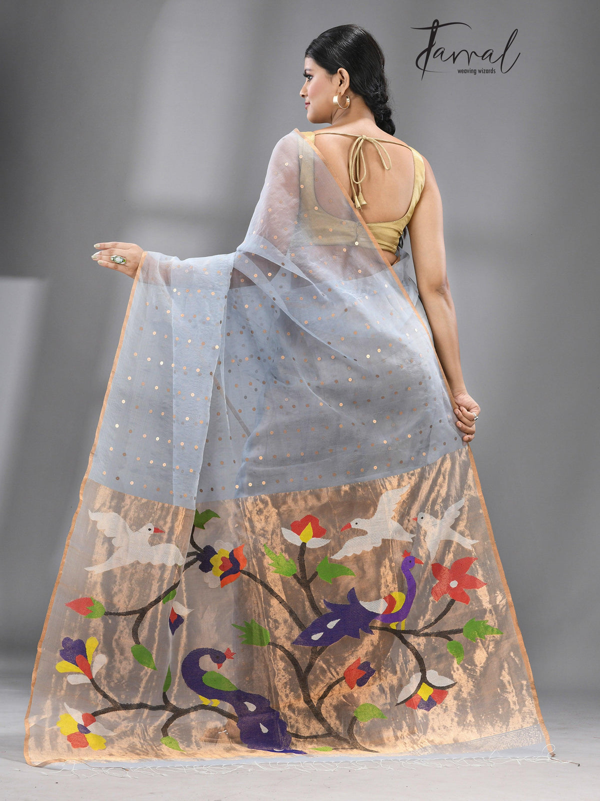 Dust sky blue Organza silk paithani sequins saree - Tamal Boutique