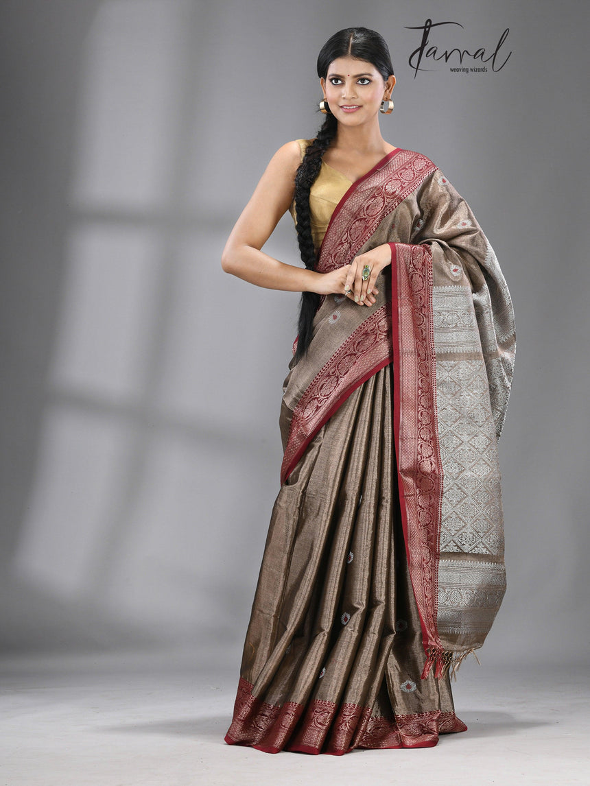 Chocolate brown with dark red & silver zari tissue Benarasi handloom saree - Tamal Boutique