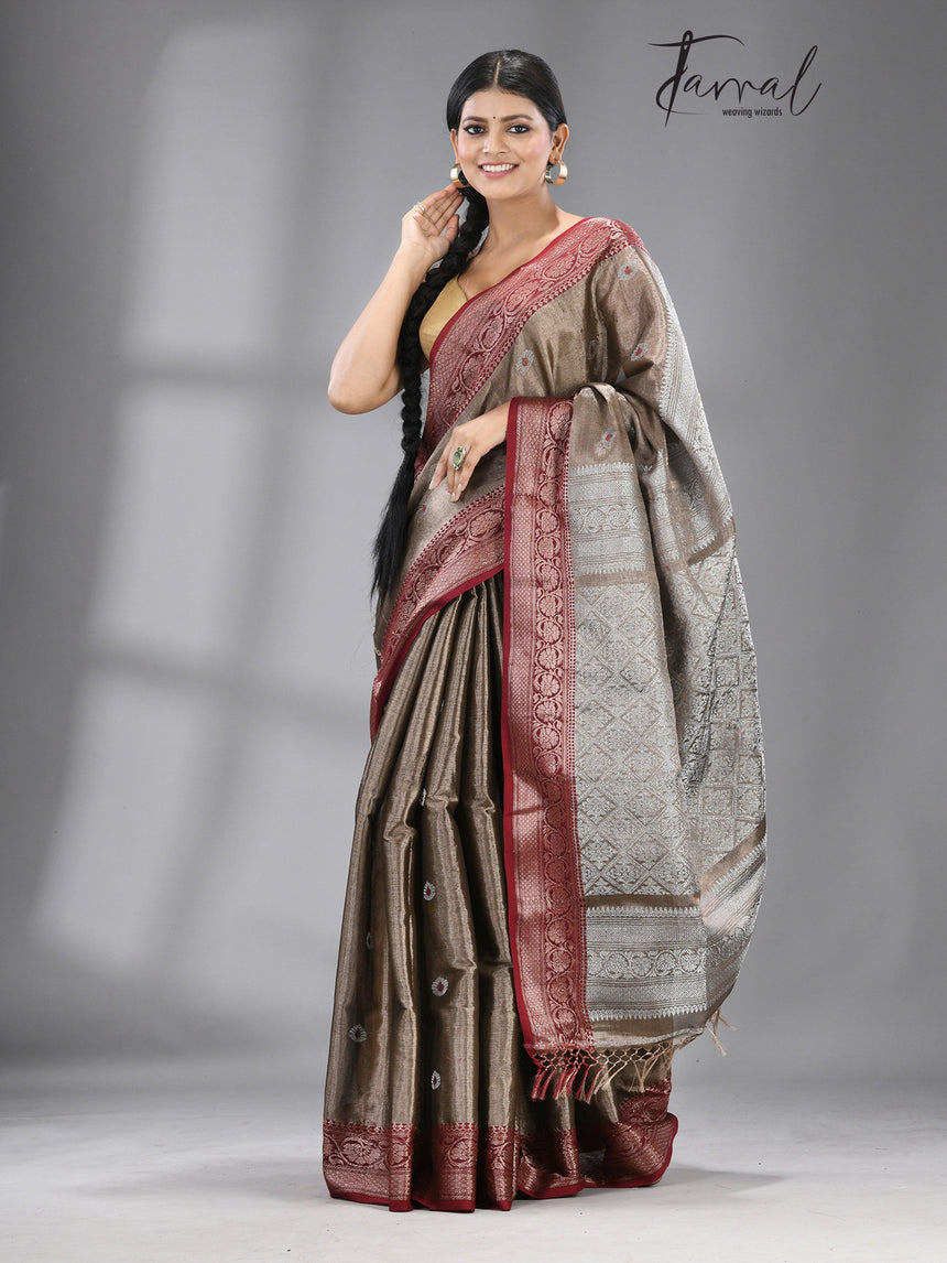 Chocolate brown with dark red & silver zari tissue Benarasi handloom saree - Tamal Boutique