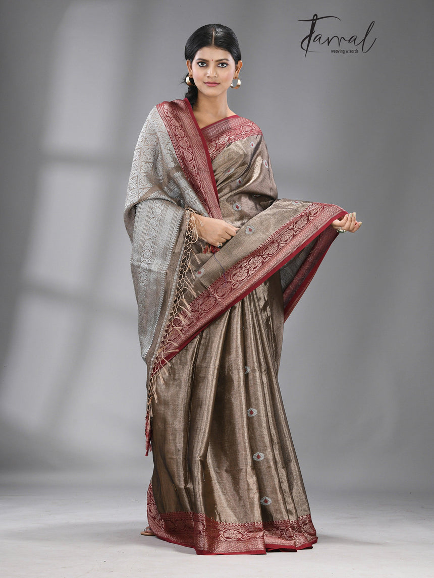 Chocolate brown with dark red & silver zari tissue Benarasi handloom saree - Tamal Boutique