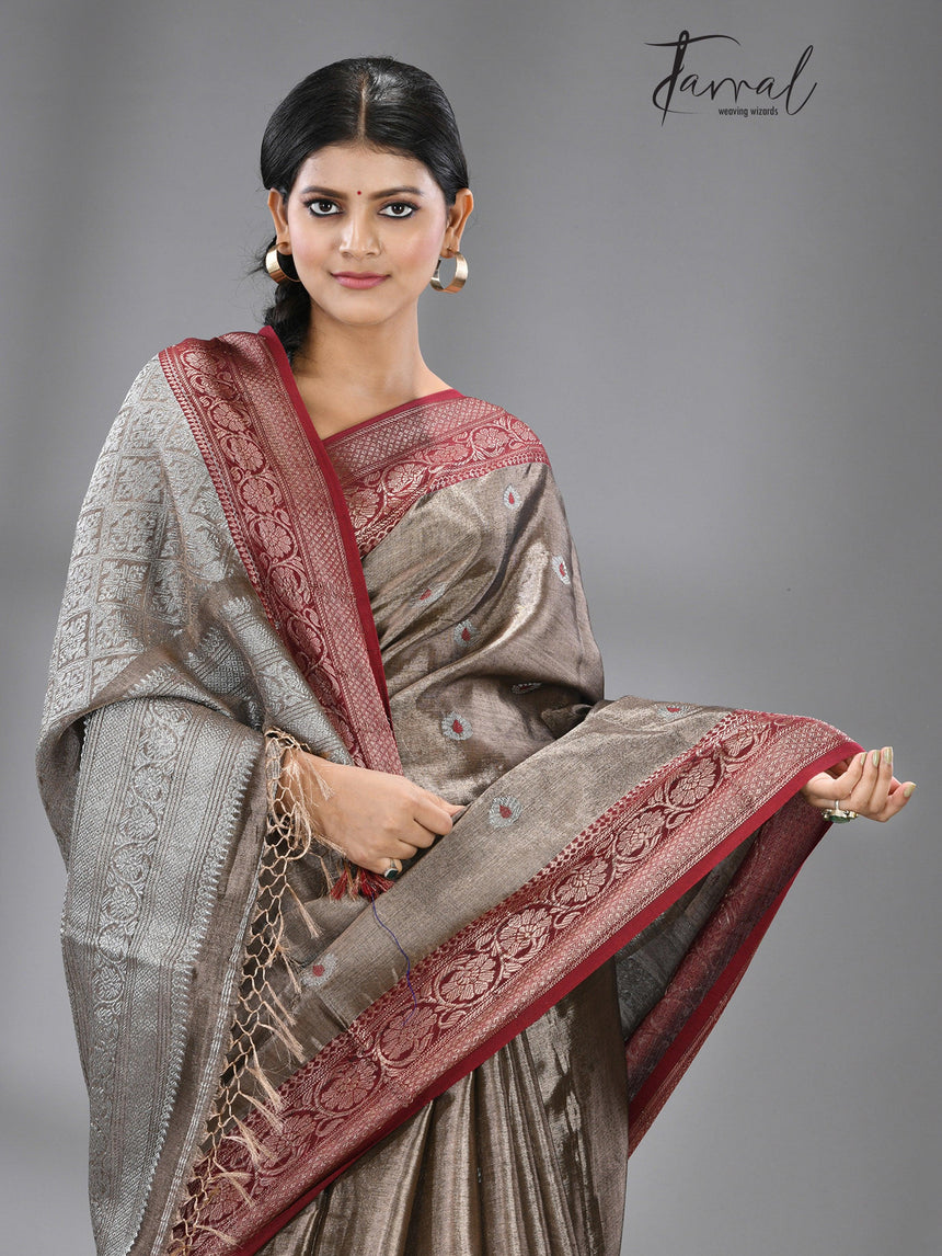 Chocolate brown with dark red & silver zari tissue Benarasi handloom saree - Tamal Boutique