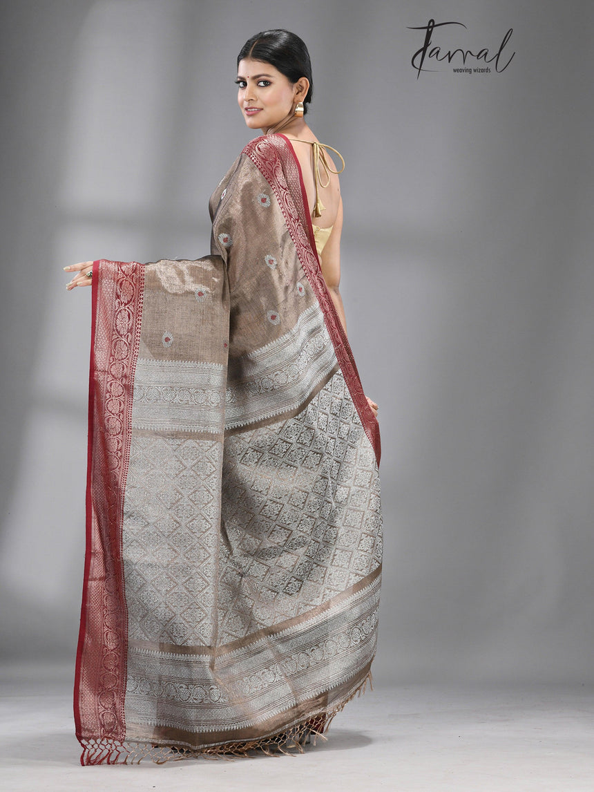 Chocolate brown with dark red & silver zari tissue Benarasi handloom saree - Tamal Boutique