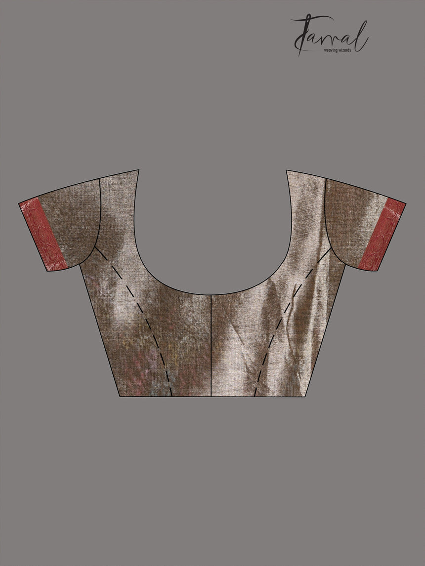 Chocolate brown with dark red & silver zari tissue Benarasi handloom saree - Tamal Boutique