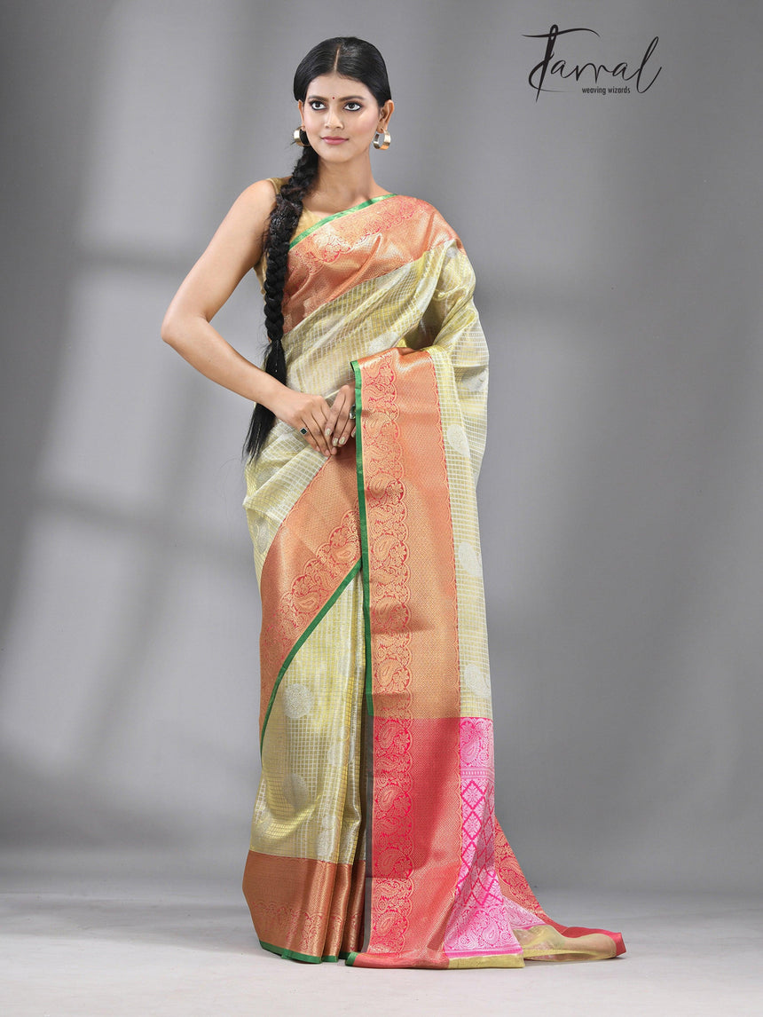 Golden with Red border banarasi tissue silk saree - Tamal Boutique