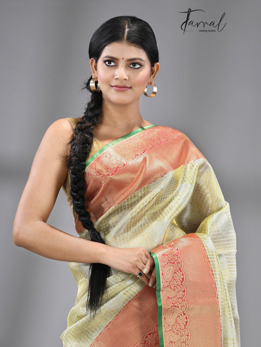 Golden with Red border banarasi tissue silk saree - Tamal Boutique