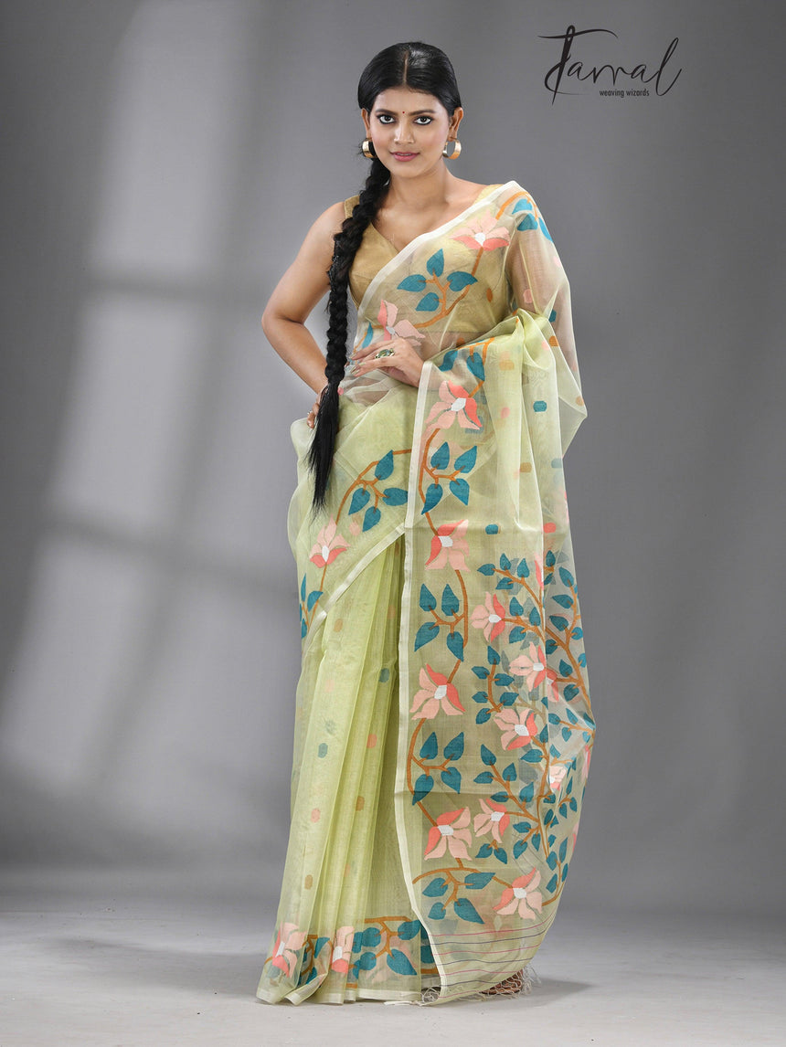 Light apple green with multicolour floral handwoven muslin silk jamdani saree - Tamal Boutique