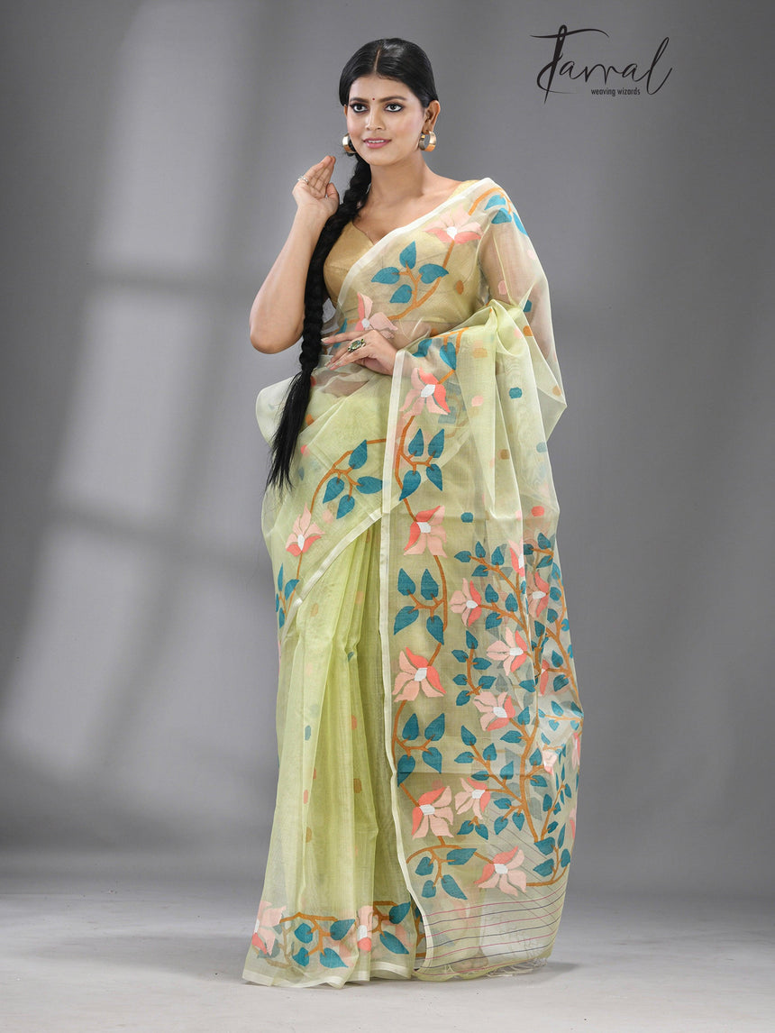 Light apple green with multicolour floral handwoven muslin silk jamdani saree - Tamal Boutique