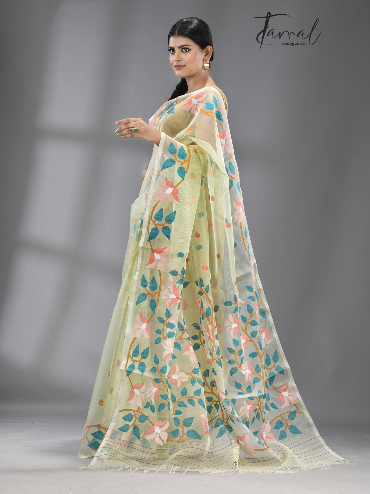 Light apple green with multicolour floral handwoven muslin silk jamdani saree - Tamal Boutique