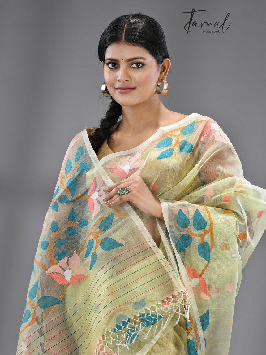 Light apple green with multicolour floral handwoven muslin silk jamdani saree - Tamal Boutique