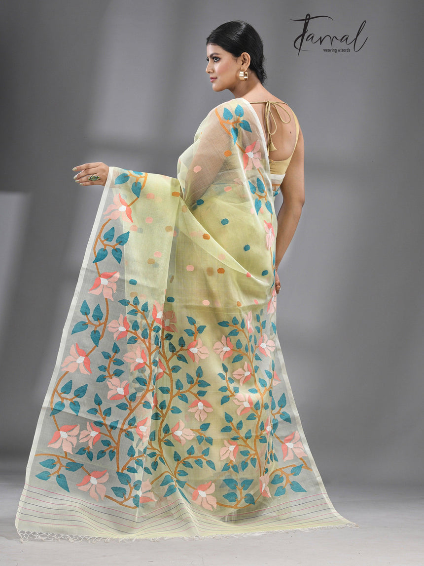 Light apple green with multicolour floral handwoven muslin silk jamdani saree - Tamal Boutique