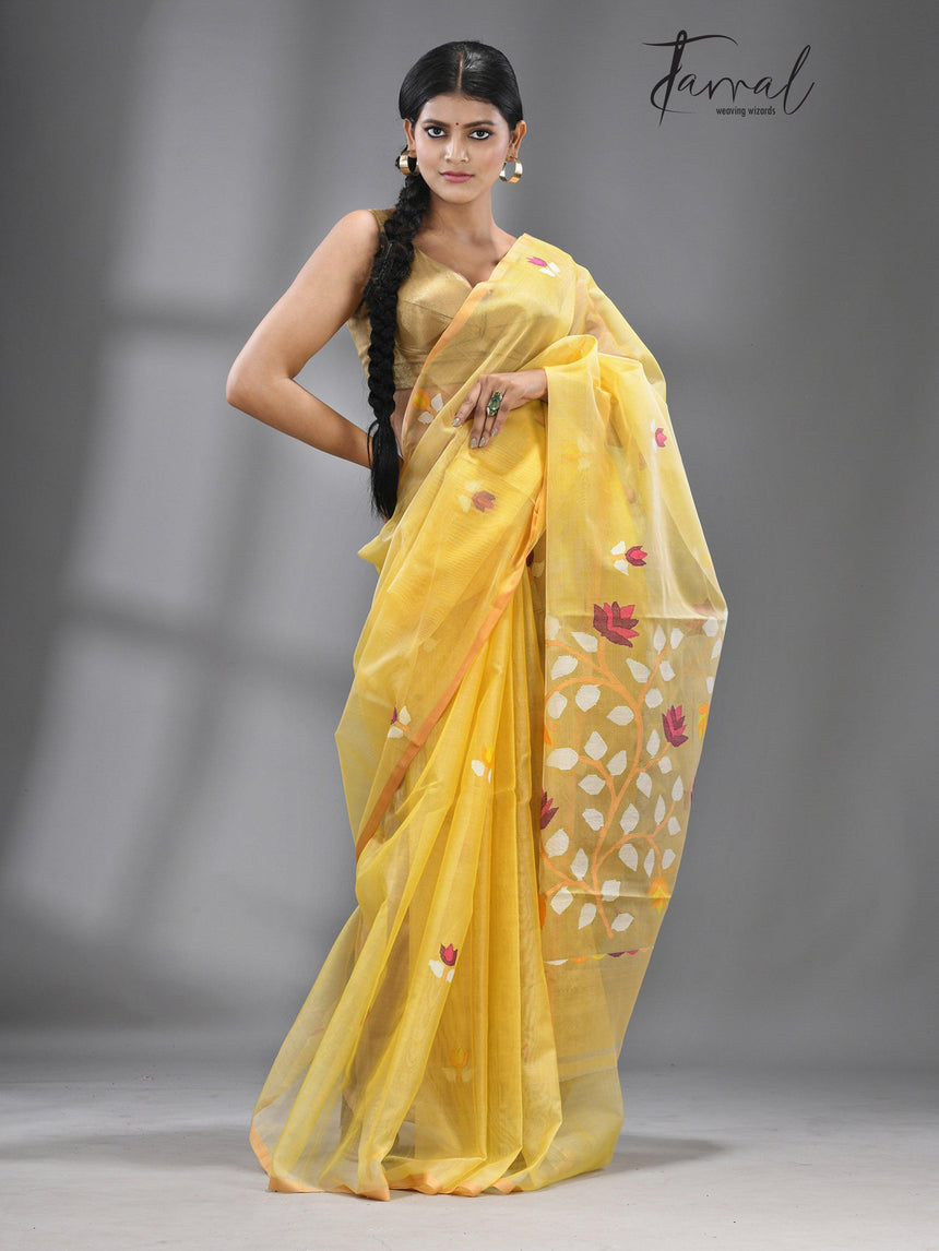 Yellow color With Beige Border Muslin Silk Handwoven Jamdani Saree - Tamal Boutique