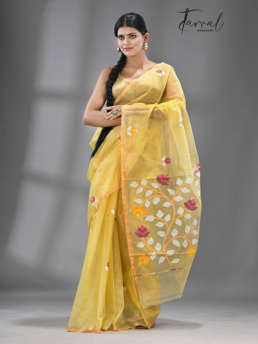 Yellow color With Beige Border Muslin Silk Handwoven Jamdani Saree - Tamal Boutique