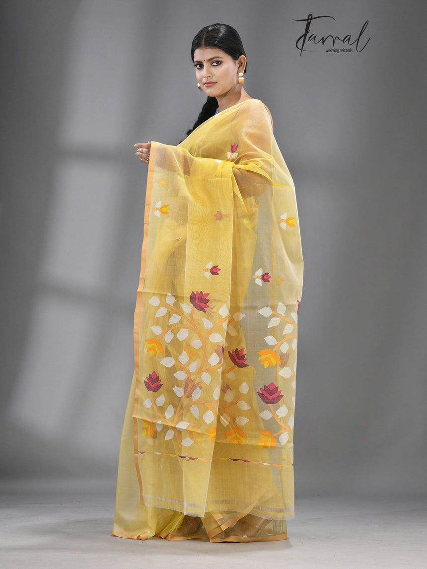 Yellow color With Beige Border Muslin Silk Handwoven Jamdani Saree - Tamal Boutique