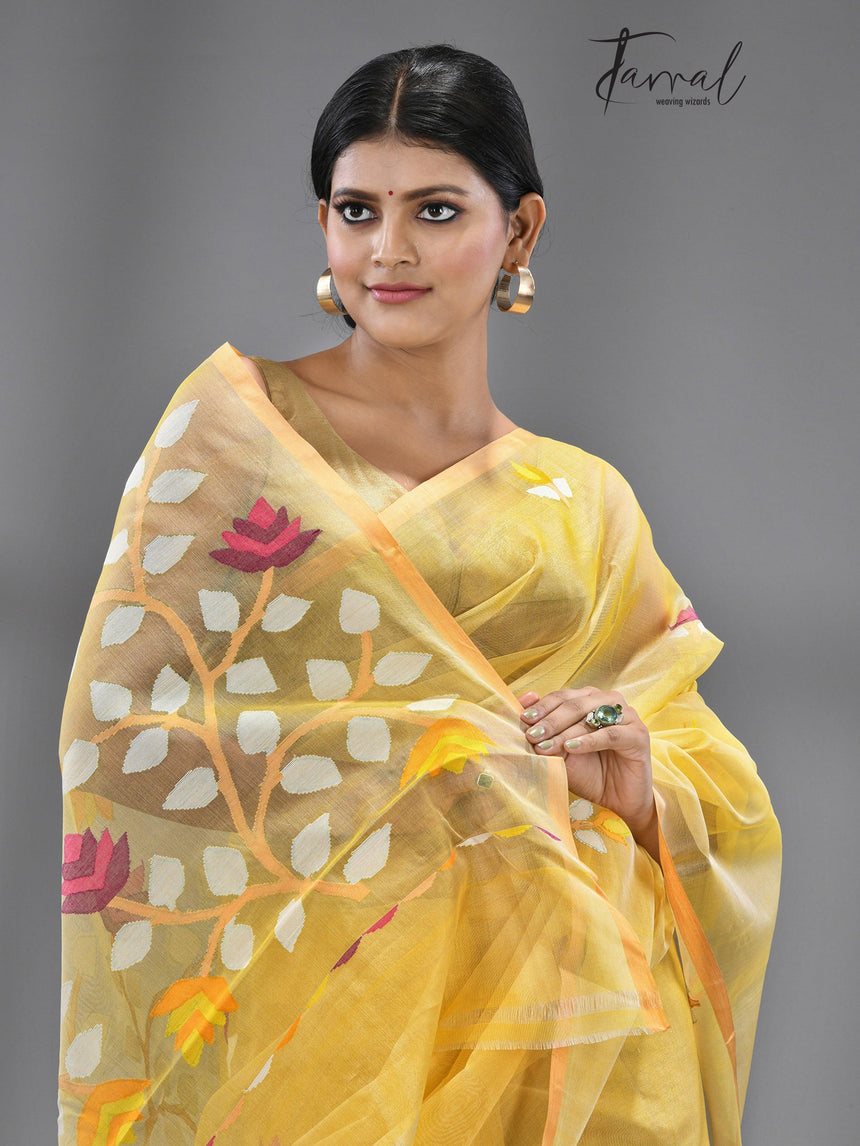 Yellow color With Beige Border Muslin Silk Handwoven Jamdani Saree - Tamal Boutique