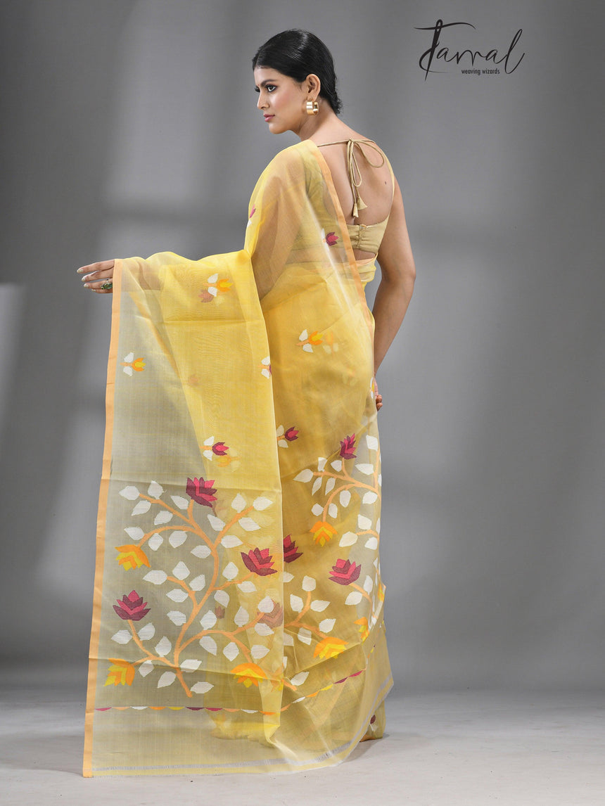 Yellow color With Beige Border Muslin Silk Handwoven Jamdani Saree - Tamal Boutique