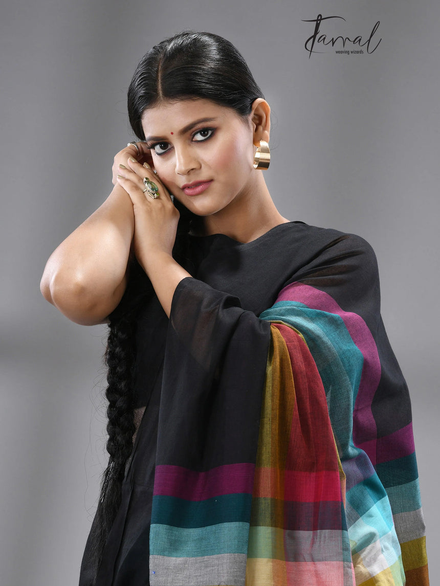 Black with rainbow mul cotton handloom saree
