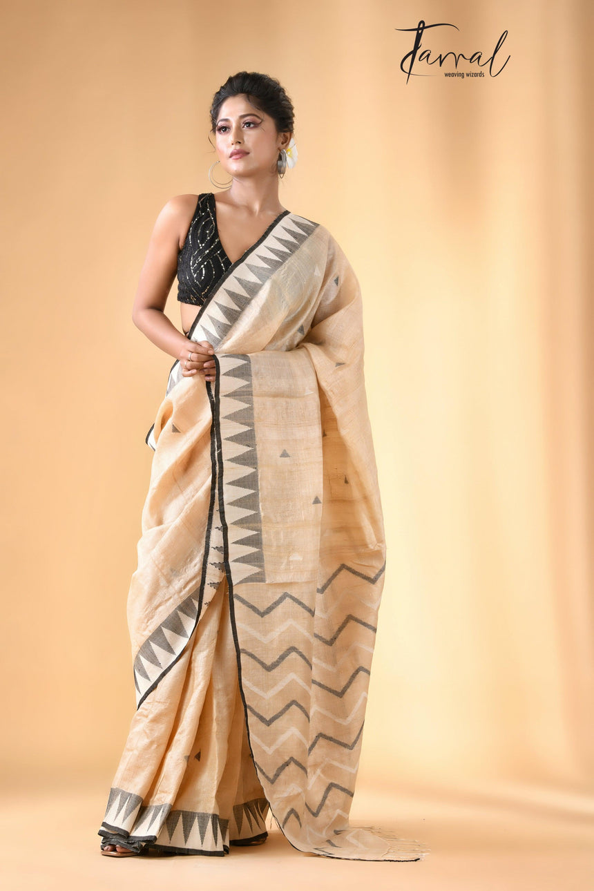 Light beige with black colour Tussar silk cut shuttle design handwoven jamdani saree - Tamal Boutique
