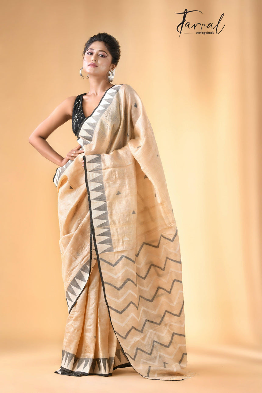 Light beige with black colour Tussar silk cut shuttle design handwoven jamdani saree - Tamal Boutique