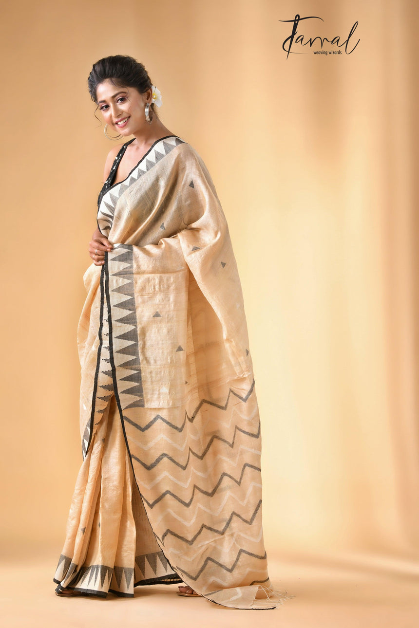 Light beige with black colour Tussar silk cut shuttle design handwoven jamdani saree - Tamal Boutique