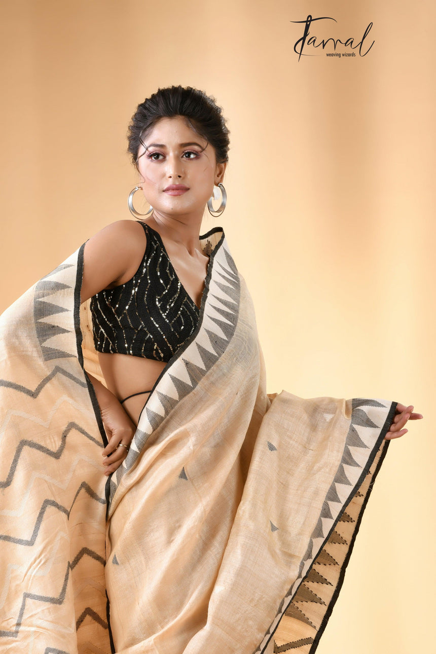 Light beige with black colour Tussar silk cut shuttle design handwoven jamdani saree - Tamal Boutique
