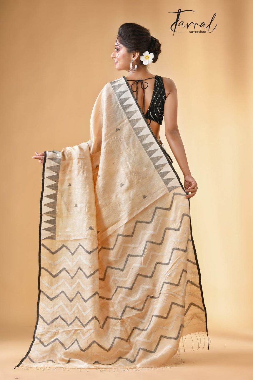 Light beige with black colour Tussar silk cut shuttle design handwoven jamdani saree - Tamal Boutique