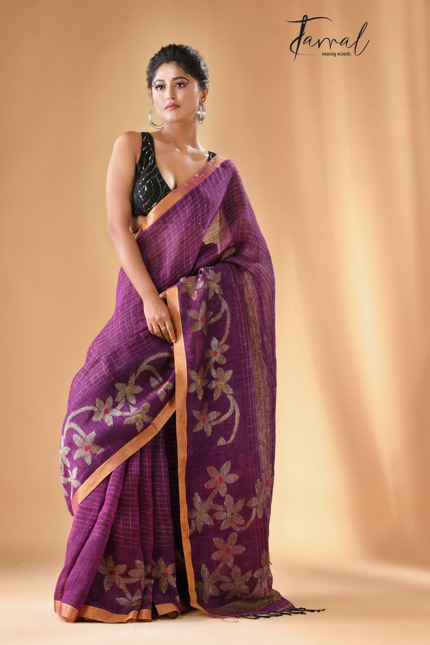 Deep magenta linen checks handloom jamdani saree - Tamal Boutique